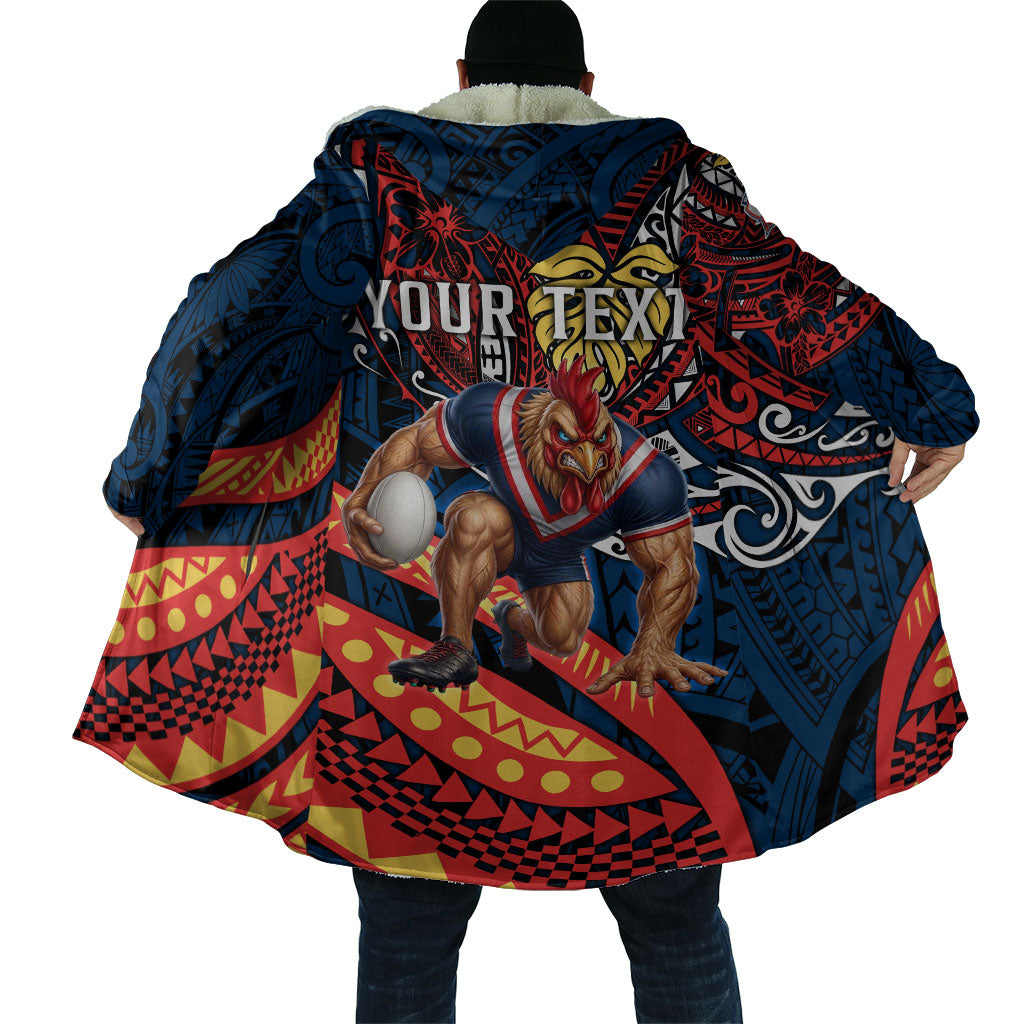 Personalised Sydney Roosters Cloak Polynesian Tribal Art Style With Aggressive Rooster Mascot