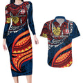 Personalised Sydney Roosters Couples Matching Long Sleeve Bodycon Dress and Hawaiian Shirt Polynesian Tribal Art Style With Aggressive Rooster Mascot