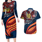Personalised Sydney Roosters Couples Matching Long Sleeve Bodycon Dress and Hawaiian Shirt Polynesian Tribal Art Style With Aggressive Rooster Mascot