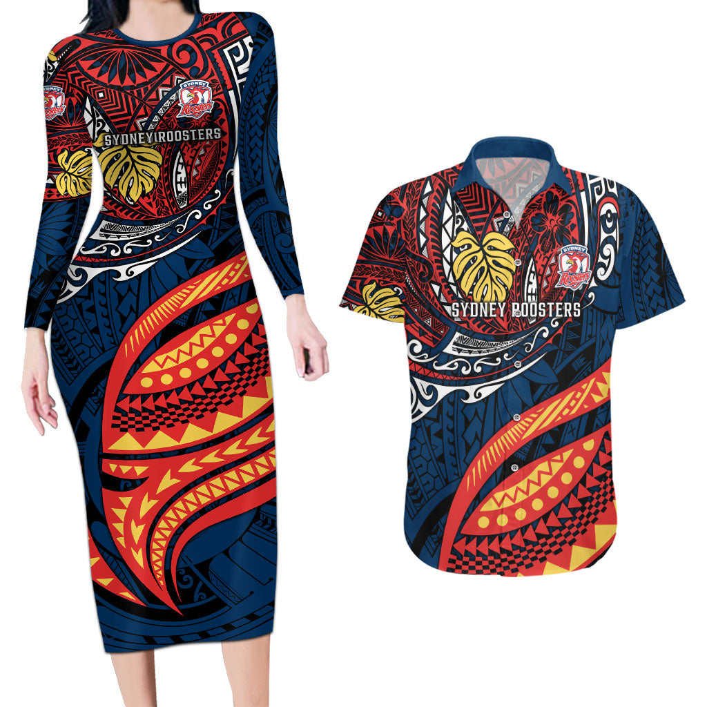 Personalised Sydney Roosters Couples Matching Long Sleeve Bodycon Dress and Hawaiian Shirt Polynesian Tribal Art Style With Aggressive Rooster Mascot