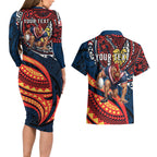 Personalised Sydney Roosters Couples Matching Long Sleeve Bodycon Dress and Hawaiian Shirt Polynesian Tribal Art Style With Aggressive Rooster Mascot