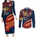 Personalised Sydney Roosters Couples Matching Long Sleeve Bodycon Dress and Long Sleeve Button Shirt Polynesian Tribal Art Style With Aggressive Rooster Mascot