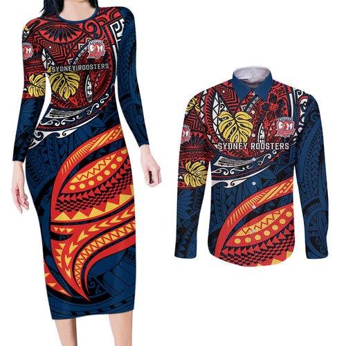 Personalised Sydney Roosters Couples Matching Long Sleeve Bodycon Dress and Long Sleeve Button Shirt Polynesian Tribal Art Style With Aggressive Rooster Mascot