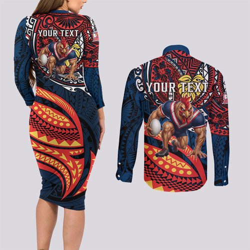 Personalised Sydney Roosters Couples Matching Long Sleeve Bodycon Dress and Long Sleeve Button Shirt Polynesian Tribal Art Style With Aggressive Rooster Mascot