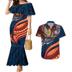 Personalised Sydney Roosters Couples Matching Mermaid Dress and Hawaiian Shirt Polynesian Tribal Art Style With Aggressive Rooster Mascot