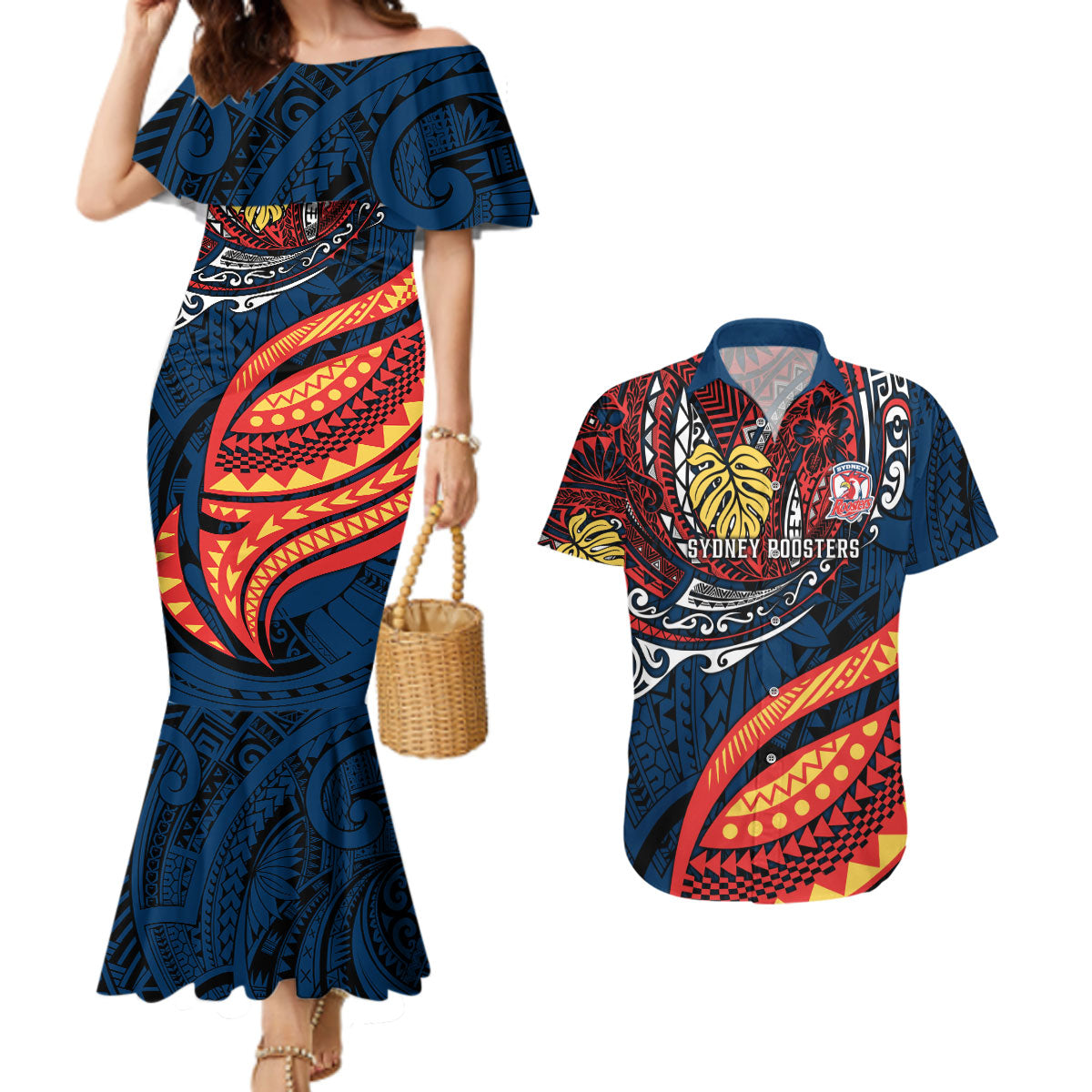 Personalised Sydney Roosters Couples Matching Mermaid Dress and Hawaiian Shirt Polynesian Tribal Art Style With Aggressive Rooster Mascot