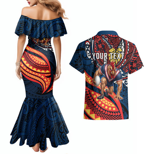 Personalised Sydney Roosters Couples Matching Mermaid Dress and Hawaiian Shirt Polynesian Tribal Art Style With Aggressive Rooster Mascot