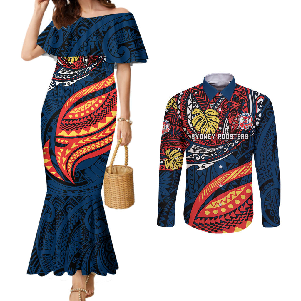 Personalised Sydney Roosters Couples Matching Mermaid Dress and Long Sleeve Button Shirt Polynesian Tribal Art Style With Aggressive Rooster Mascot