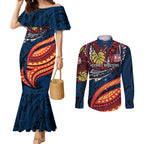 Personalised Sydney Roosters Couples Matching Mermaid Dress and Long Sleeve Button Shirt Polynesian Tribal Art Style With Aggressive Rooster Mascot