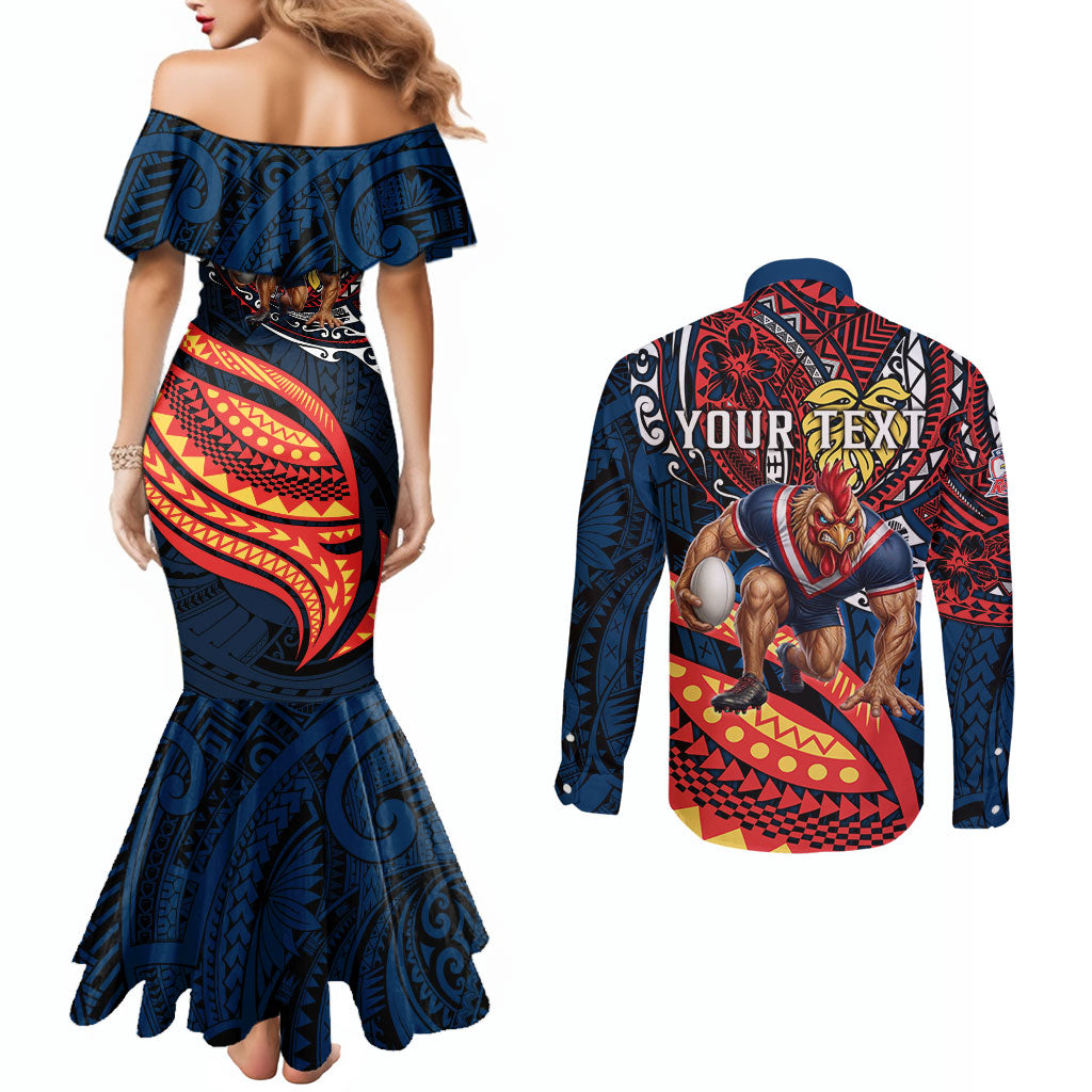 Personalised Sydney Roosters Couples Matching Mermaid Dress and Long Sleeve Button Shirt Polynesian Tribal Art Style With Aggressive Rooster Mascot