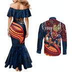 Personalised Sydney Roosters Couples Matching Mermaid Dress and Long Sleeve Button Shirt Polynesian Tribal Art Style With Aggressive Rooster Mascot