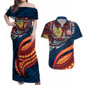 Personalised Sydney Roosters Couples Matching Off Shoulder Maxi Dress and Hawaiian Shirt Polynesian Tribal Art Style With Aggressive Rooster Mascot