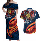 Personalised Sydney Roosters Couples Matching Off Shoulder Maxi Dress and Hawaiian Shirt Polynesian Tribal Art Style With Aggressive Rooster Mascot