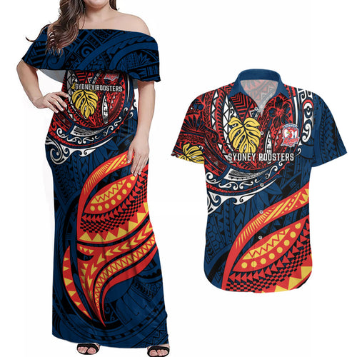 Personalised Sydney Roosters Couples Matching Off Shoulder Maxi Dress and Hawaiian Shirt Polynesian Tribal Art Style With Aggressive Rooster Mascot