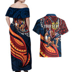 Personalised Sydney Roosters Couples Matching Off Shoulder Maxi Dress and Hawaiian Shirt Polynesian Tribal Art Style With Aggressive Rooster Mascot
