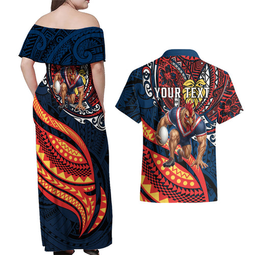 Personalised Sydney Roosters Couples Matching Off Shoulder Maxi Dress and Hawaiian Shirt Polynesian Tribal Art Style With Aggressive Rooster Mascot