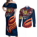Personalised Sydney Roosters Couples Matching Off Shoulder Maxi Dress and Long Sleeve Button Shirt Polynesian Tribal Art Style With Aggressive Rooster Mascot