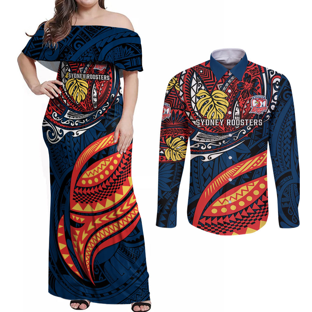 Personalised Sydney Roosters Couples Matching Off Shoulder Maxi Dress and Long Sleeve Button Shirt Polynesian Tribal Art Style With Aggressive Rooster Mascot
