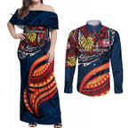 Personalised Sydney Roosters Couples Matching Off Shoulder Maxi Dress and Long Sleeve Button Shirt Polynesian Tribal Art Style With Aggressive Rooster Mascot
