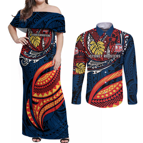 Personalised Sydney Roosters Couples Matching Off Shoulder Maxi Dress and Long Sleeve Button Shirt Polynesian Tribal Art Style With Aggressive Rooster Mascot