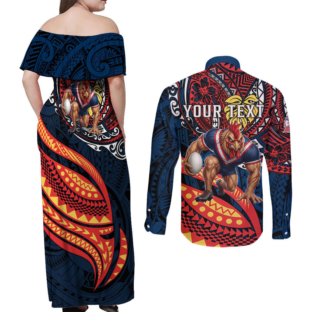 Personalised Sydney Roosters Couples Matching Off Shoulder Maxi Dress and Long Sleeve Button Shirt Polynesian Tribal Art Style With Aggressive Rooster Mascot