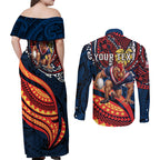 Personalised Sydney Roosters Couples Matching Off Shoulder Maxi Dress and Long Sleeve Button Shirt Polynesian Tribal Art Style With Aggressive Rooster Mascot