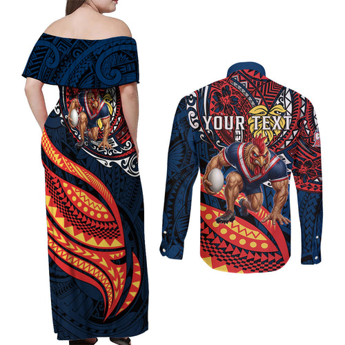 Personalised Sydney Roosters Couples Matching Off Shoulder Maxi Dress and Long Sleeve Button Shirt Polynesian Tribal Art Style With Aggressive Rooster Mascot