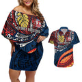 Personalised Sydney Roosters Couples Matching Off Shoulder Short Dress and Hawaiian Shirt Polynesian Tribal Art Style With Aggressive Rooster Mascot