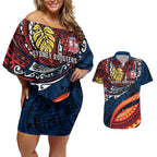 Personalised Sydney Roosters Couples Matching Off Shoulder Short Dress and Hawaiian Shirt Polynesian Tribal Art Style With Aggressive Rooster Mascot