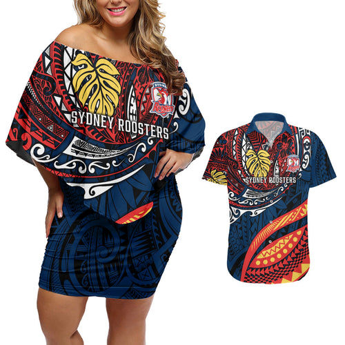 Personalised Sydney Roosters Couples Matching Off Shoulder Short Dress and Hawaiian Shirt Polynesian Tribal Art Style With Aggressive Rooster Mascot