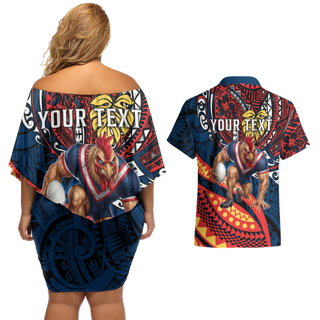 Personalised Sydney Roosters Couples Matching Off Shoulder Short Dress and Hawaiian Shirt Polynesian Tribal Art Style With Aggressive Rooster Mascot