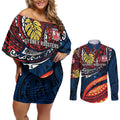 Personalised Sydney Roosters Couples Matching Off Shoulder Short Dress and Long Sleeve Button Shirt Polynesian Tribal Art Style With Aggressive Rooster Mascot