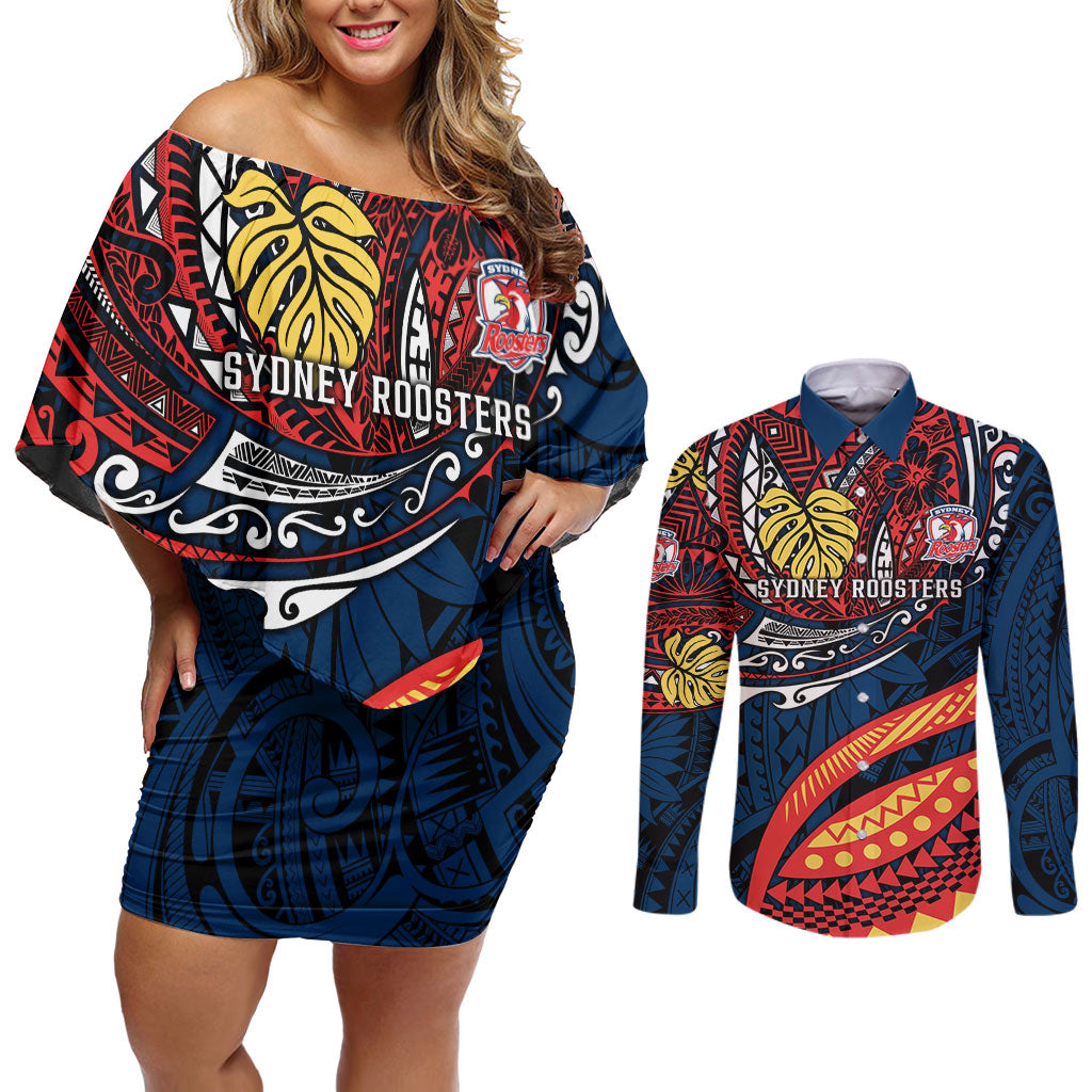 Personalised Sydney Roosters Couples Matching Off Shoulder Short Dress and Long Sleeve Button Shirt Polynesian Tribal Art Style With Aggressive Rooster Mascot