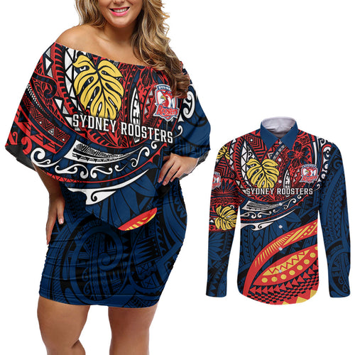 Personalised Sydney Roosters Couples Matching Off Shoulder Short Dress and Long Sleeve Button Shirt Polynesian Tribal Art Style With Aggressive Rooster Mascot