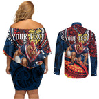 Personalised Sydney Roosters Couples Matching Off Shoulder Short Dress and Long Sleeve Button Shirt Polynesian Tribal Art Style With Aggressive Rooster Mascot