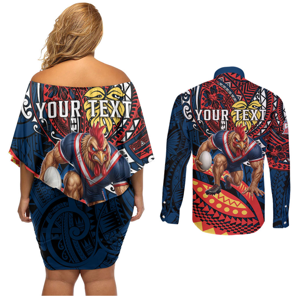 Personalised Sydney Roosters Couples Matching Off Shoulder Short Dress and Long Sleeve Button Shirt Polynesian Tribal Art Style With Aggressive Rooster Mascot