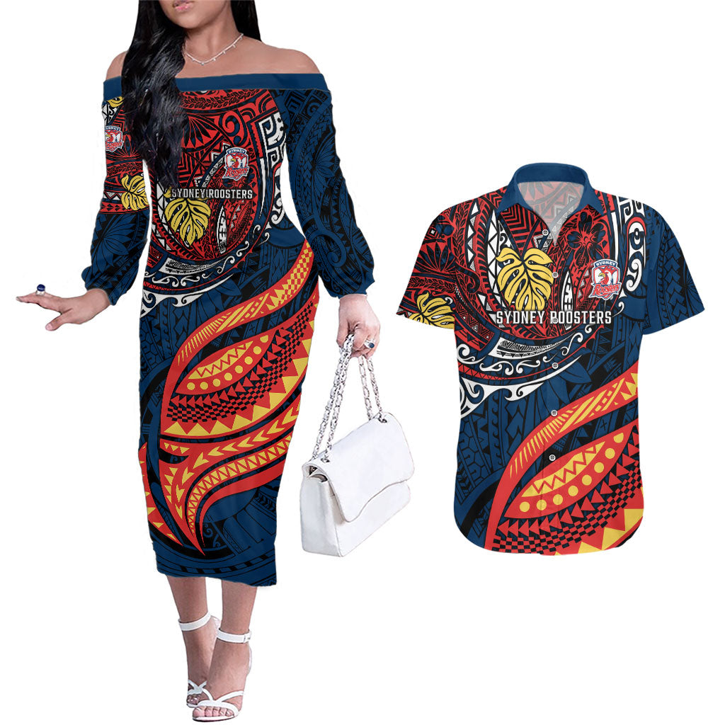 Personalised Sydney Roosters Couples Matching Off The Shoulder Long Sleeve Dress and Hawaiian Shirt Polynesian Tribal Art Style With Aggressive Rooster Mascot