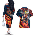 Personalised Sydney Roosters Couples Matching Off The Shoulder Long Sleeve Dress and Hawaiian Shirt Polynesian Tribal Art Style With Aggressive Rooster Mascot