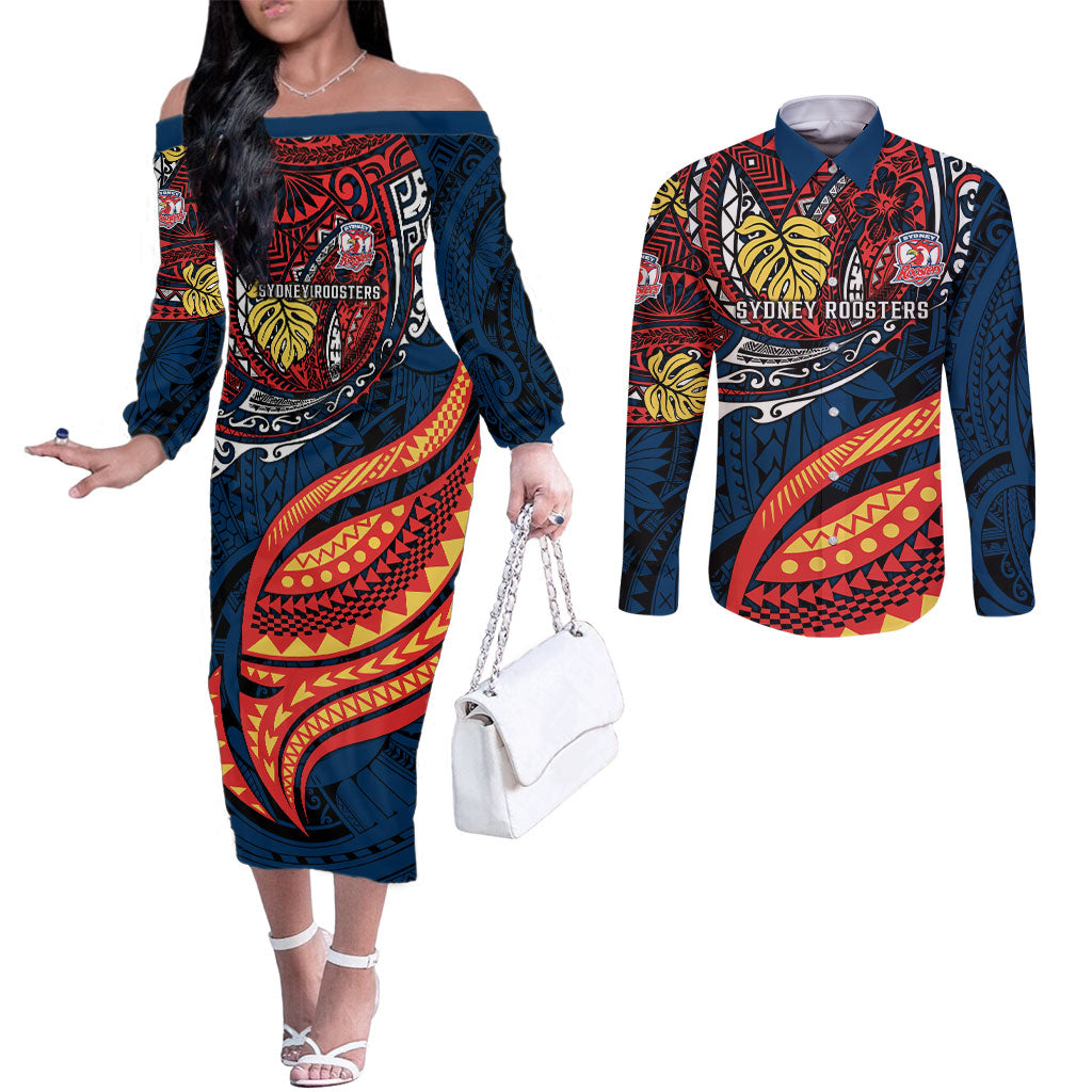 Personalised Sydney Roosters Couples Matching Off The Shoulder Long Sleeve Dress and Long Sleeve Button Shirt Polynesian Tribal Art Style With Aggressive Rooster Mascot