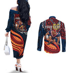 Personalised Sydney Roosters Couples Matching Off The Shoulder Long Sleeve Dress and Long Sleeve Button Shirt Polynesian Tribal Art Style With Aggressive Rooster Mascot