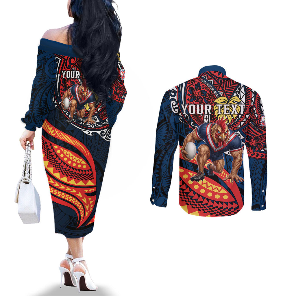 Personalised Sydney Roosters Couples Matching Off The Shoulder Long Sleeve Dress and Long Sleeve Button Shirt Polynesian Tribal Art Style With Aggressive Rooster Mascot