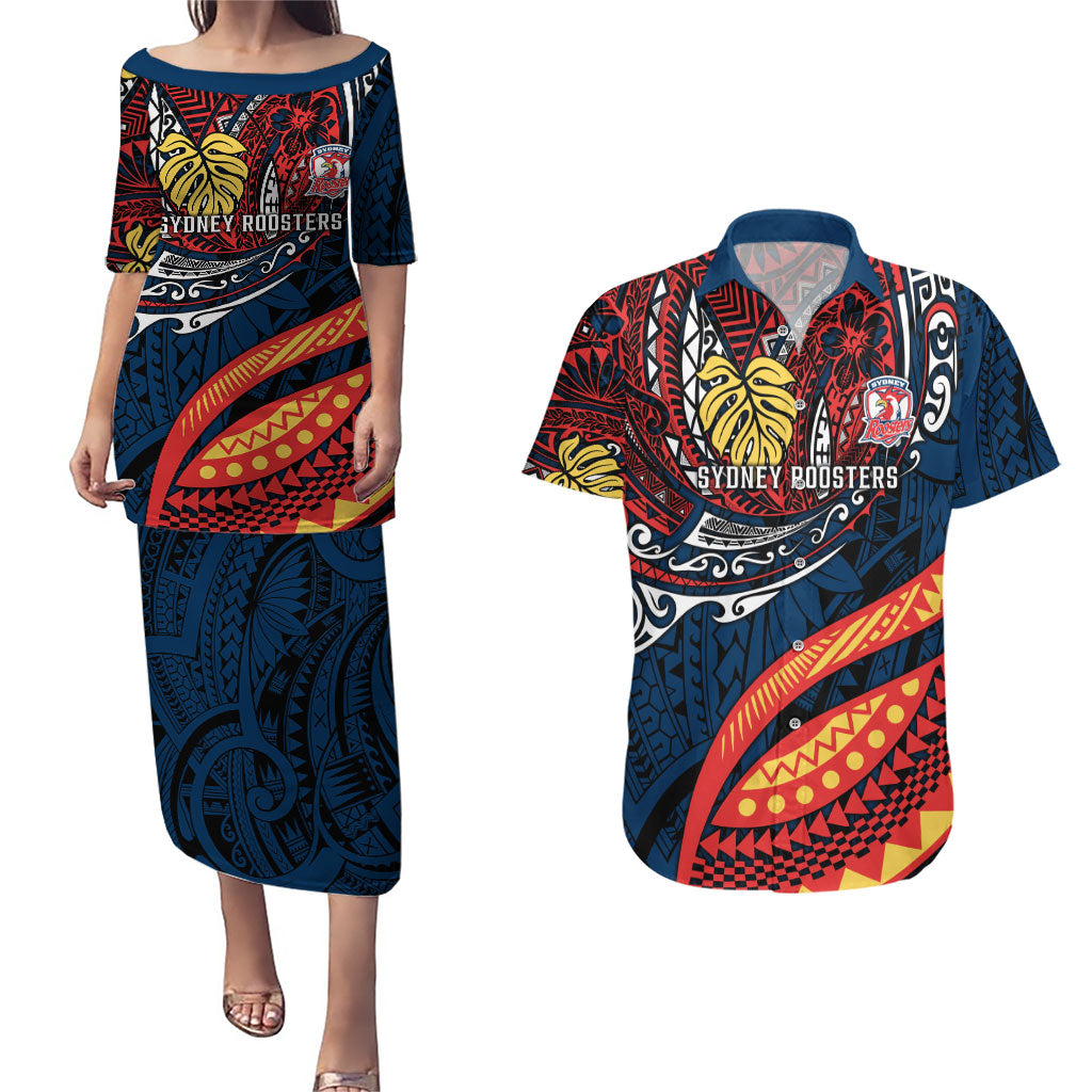 Personalised Sydney Roosters Couples Matching Puletasi and Hawaiian Shirt Polynesian Tribal Art Style With Aggressive Rooster Mascot