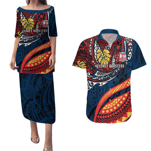 Personalised Sydney Roosters Couples Matching Puletasi and Hawaiian Shirt Polynesian Tribal Art Style With Aggressive Rooster Mascot