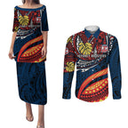 Personalised Sydney Roosters Couples Matching Puletasi and Long Sleeve Button Shirt Polynesian Tribal Art Style With Aggressive Rooster Mascot