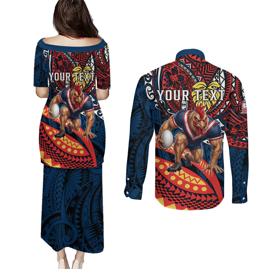 Personalised Sydney Roosters Couples Matching Puletasi and Long Sleeve Button Shirt Polynesian Tribal Art Style With Aggressive Rooster Mascot