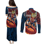 Personalised Sydney Roosters Couples Matching Puletasi and Long Sleeve Button Shirt Polynesian Tribal Art Style With Aggressive Rooster Mascot