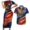 Personalised Sydney Roosters Couples Matching Short Sleeve Bodycon Dress and Hawaiian Shirt Polynesian Tribal Art Style With Aggressive Rooster Mascot