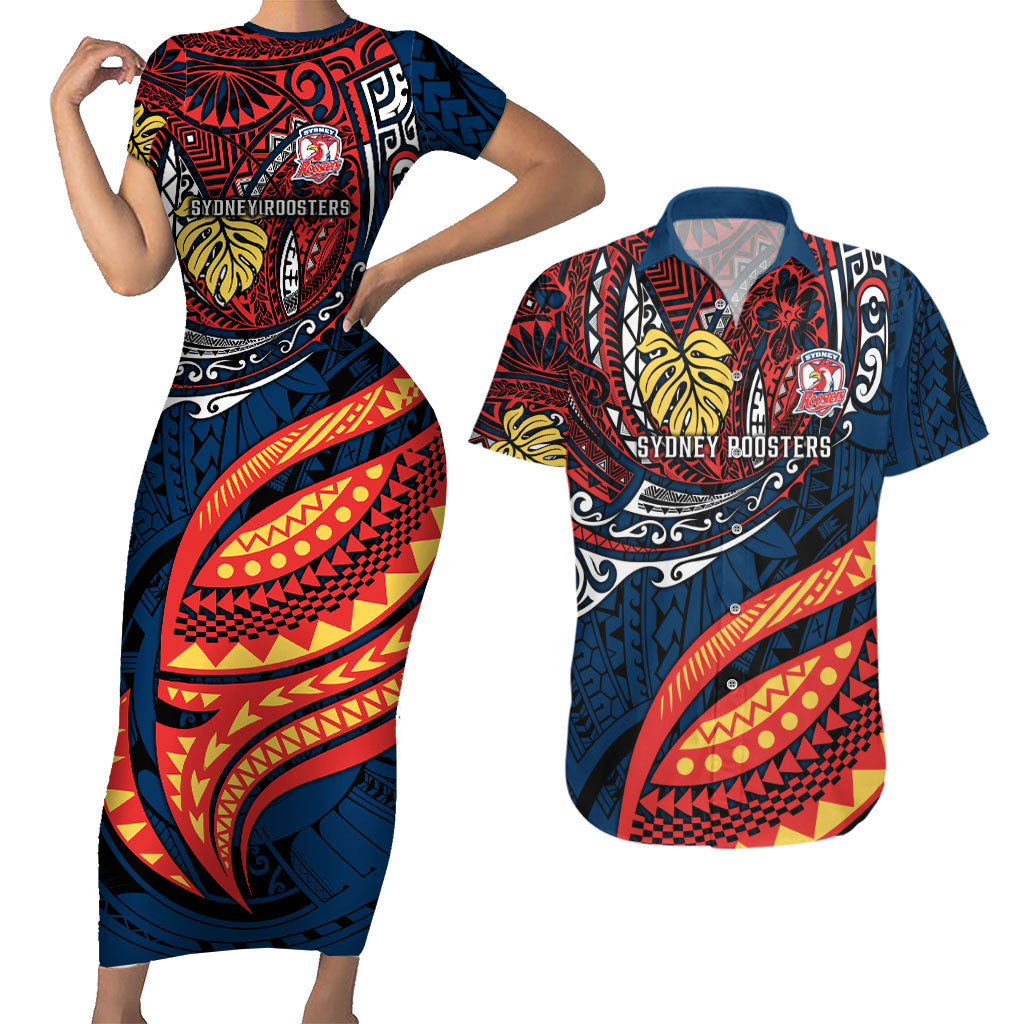 Personalised Sydney Roosters Couples Matching Short Sleeve Bodycon Dress and Hawaiian Shirt Polynesian Tribal Art Style With Aggressive Rooster Mascot