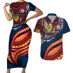 Personalised Sydney Roosters Couples Matching Short Sleeve Bodycon Dress and Hawaiian Shirt Polynesian Tribal Art Style With Aggressive Rooster Mascot