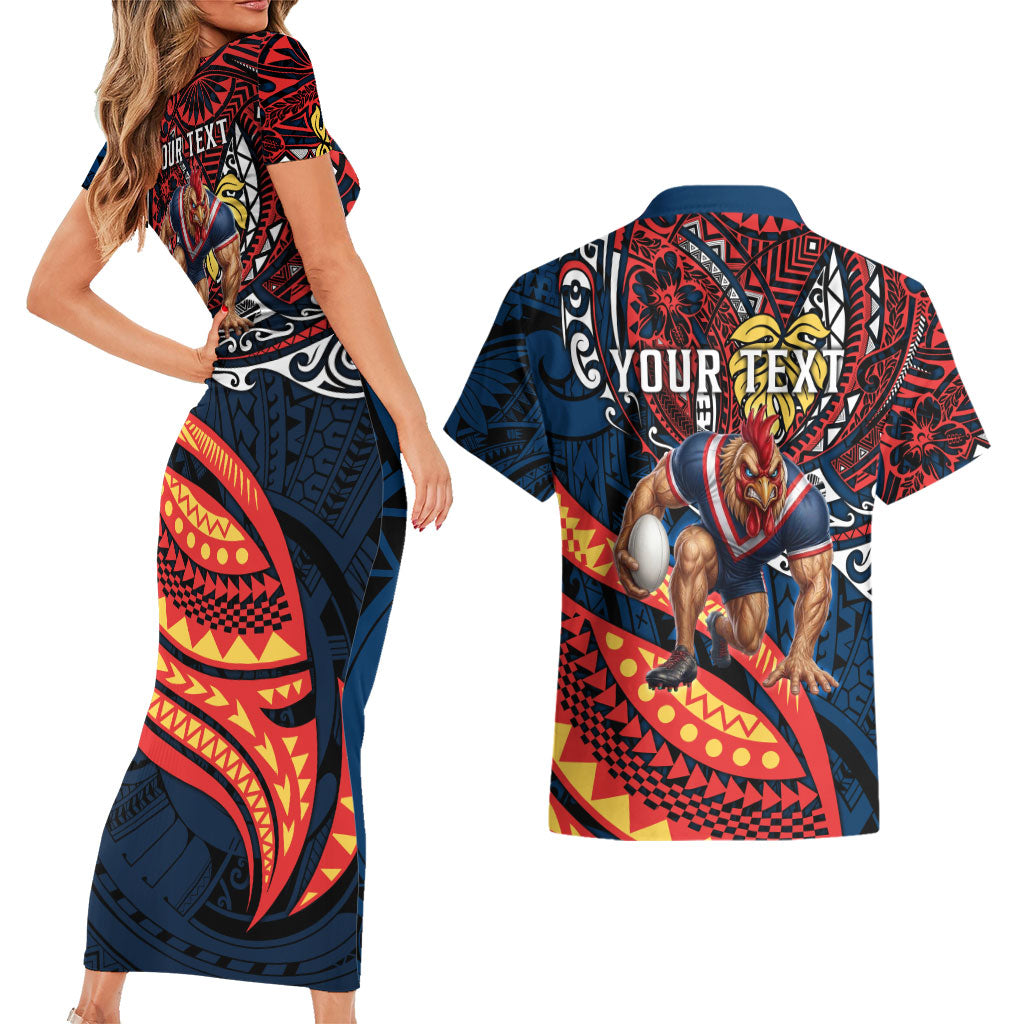 Personalised Sydney Roosters Couples Matching Short Sleeve Bodycon Dress and Hawaiian Shirt Polynesian Tribal Art Style With Aggressive Rooster Mascot